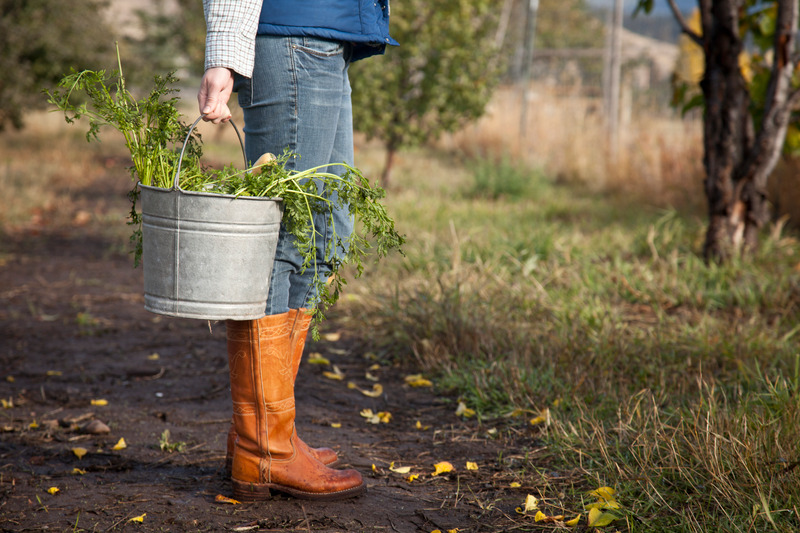 a woman in gardening boots with a bucket of veggie scraps
